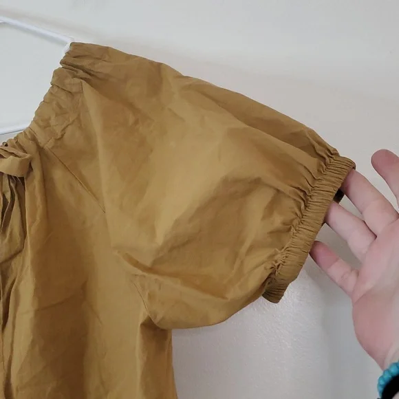 Madewell Poplin Puff Sleeve Mini Dress Size Small Tie Neck Pockets Neutral Toffe - Picture 11 of 13